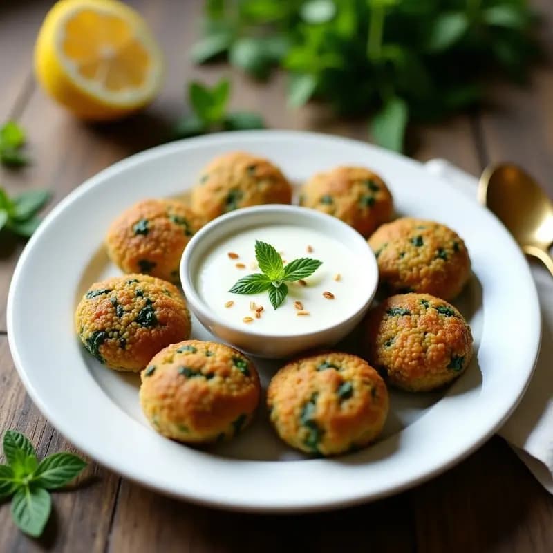 Plato blanco con seis kibbeh dorados y crujientes de quinoa y espinacas, servidos con salsa de yogur de soja en un bol pequeño. Decorados con almendras fileteadas y hojas de menta fresca, sobre un mantel rústico de lino.