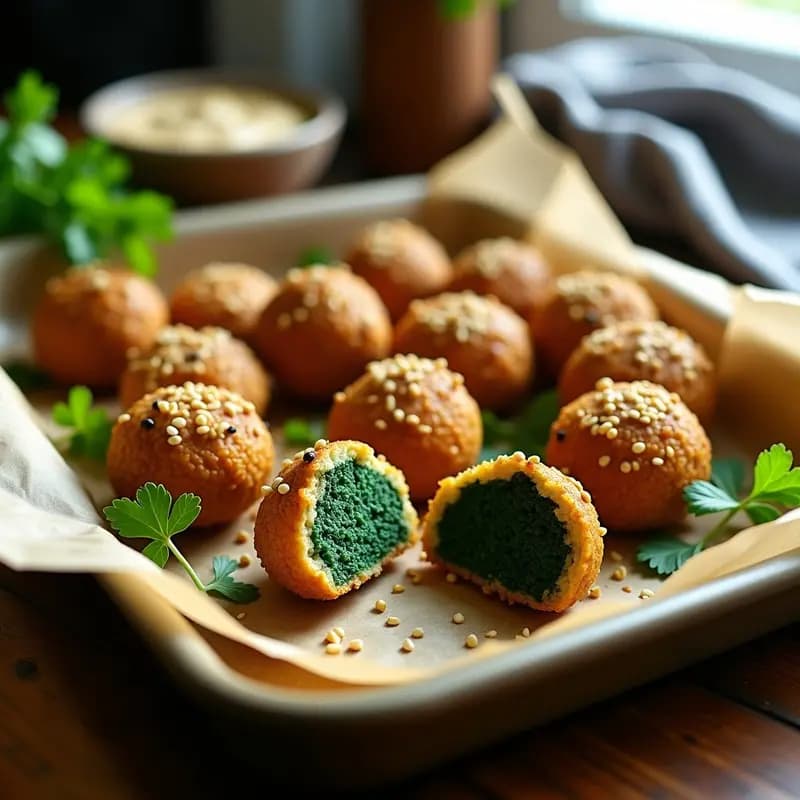 Bandeja de horno con albóndigas doradas de Kibbeh de Quinoa y Espirulina, espolvoreadas con semillas de sésamo, servidas sobre papel de horno con hierbas frescas al lado.
