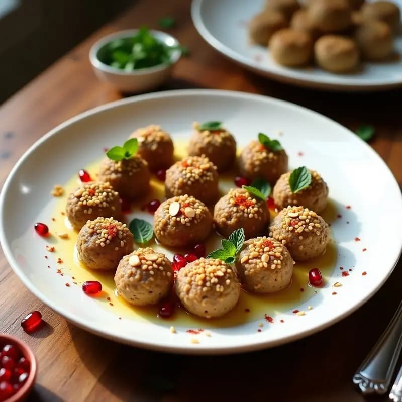 Plato de madera rústico con Kibbeh Nayyeh vegano en forma de croquetas alargadas, cubiertas de semillas de granada rojas y sésamo tostado, sobre un lecho de hojas de menta fresca y acompañadas de rodajas de limón.