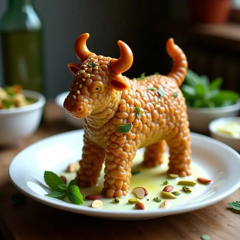 Kibbeh vegano en forma de toro con textura dorada y crujiente, decorado con semillas de sésamo, almendras y pistachos, acompañado de salsa de yogur de coco y menta sobre un plato de cerámica blanca con detalles árabes.