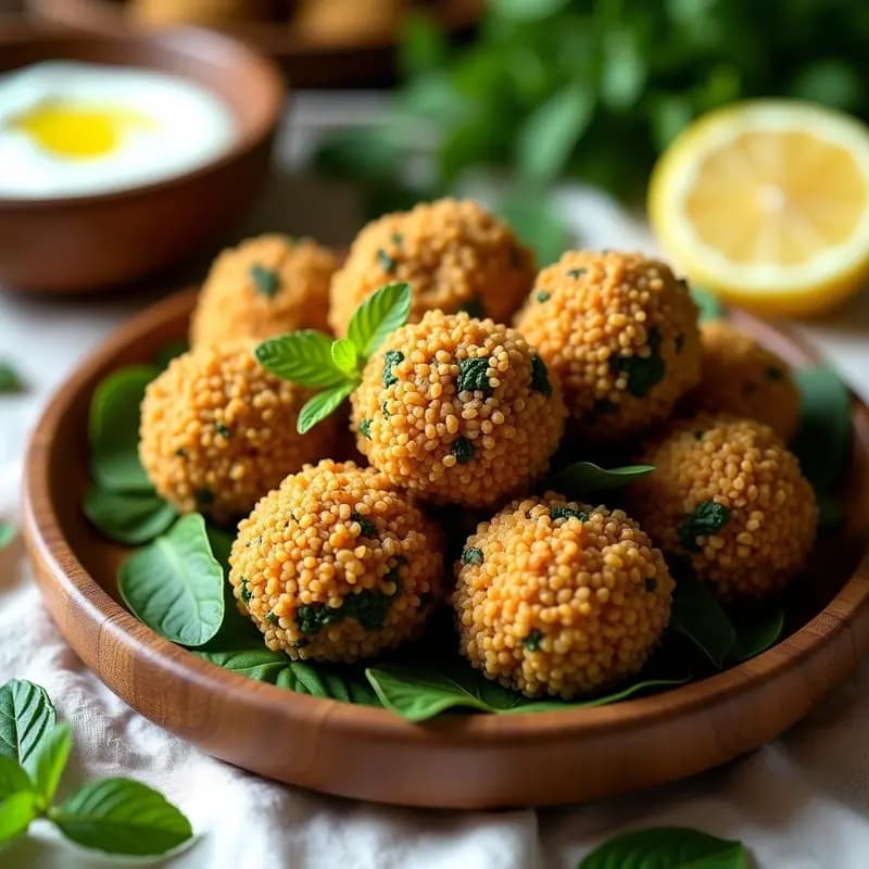 Plato de madera rústico con kibbeh de quinoa y espinacas doradas y crujientes, cubiertas de semillas de sésamo tostadas, acompañadas de hojas de menta fresca y rodajas de limón. Receta libanesa vegana sin carne.