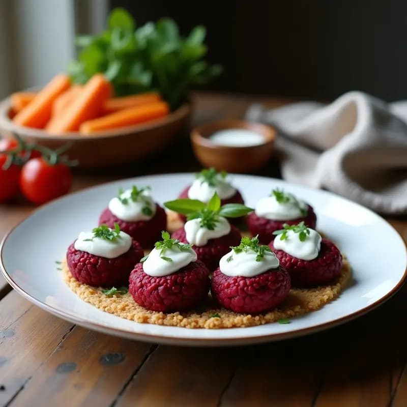 Plato blanco con kibbeh de remolacha y bulghur vegano, dorados y crujientes, servidos con salsa de yogur de coco cremosa y decorados con semillas de sésamo y trozos de remolacha asada. Entrante libanés colorido y apetitoso.