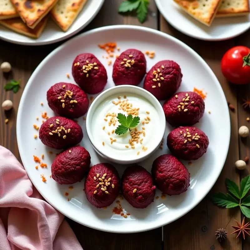 Plato blanco con Kibbeh de Remolacha y Bulgur horneados, de color morado intenso, dispuestos en círculo y coronados con crema de yogur griego vegano blanco, decorados con semillas de sésamo y hojas de menta fresca. Receta de aperitivo sirio vegano y colorido.