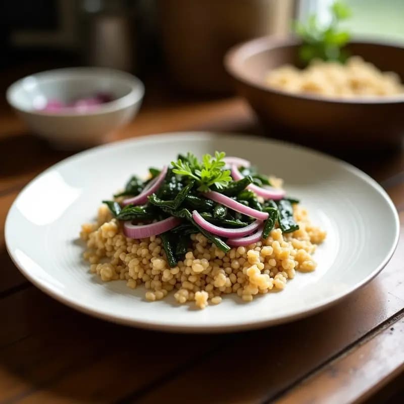 Plato de cerámica blanca con Kibbeh de Verne dorados y crujientes, acompañados de salsa de yogur cremosa, aceite de oliva virgen extra y semillas de sésamo. Entrante libanés gourmet con hierbas frescas.