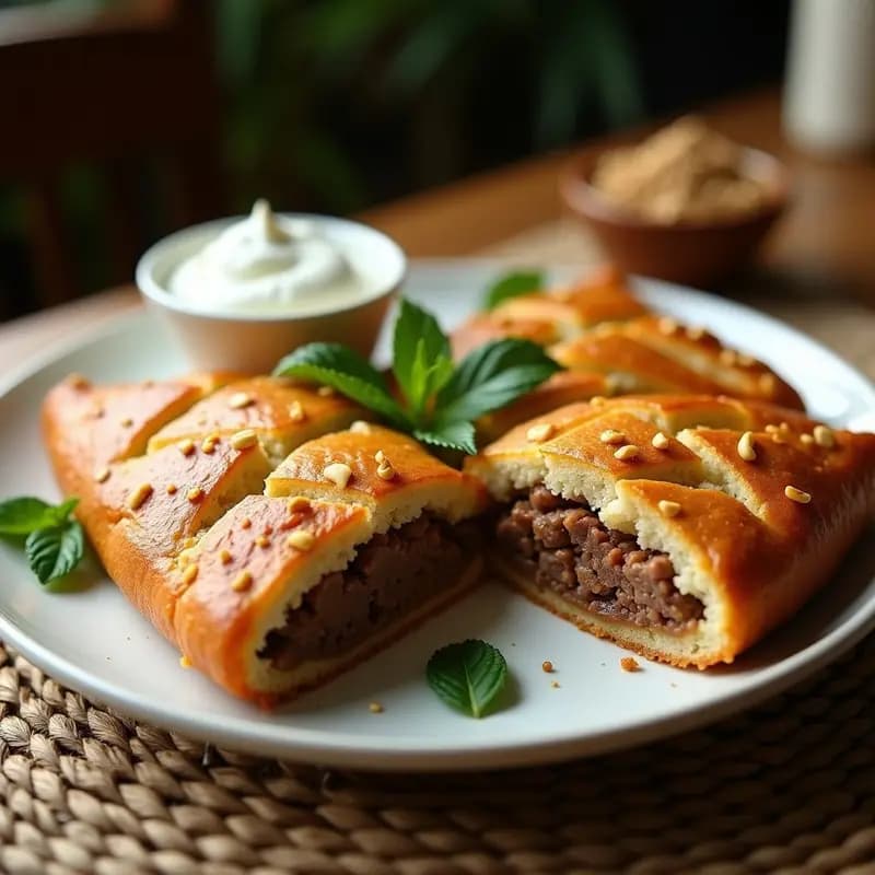 Kibe libanés tradicional al horno, corte rectangular mostrando capas de trigo burgol dorado y relleno especiado de carne de cordero con piñones. Acompañado de yogur griego y hojas de menta fresca sobre un plato de cerámica blanca.