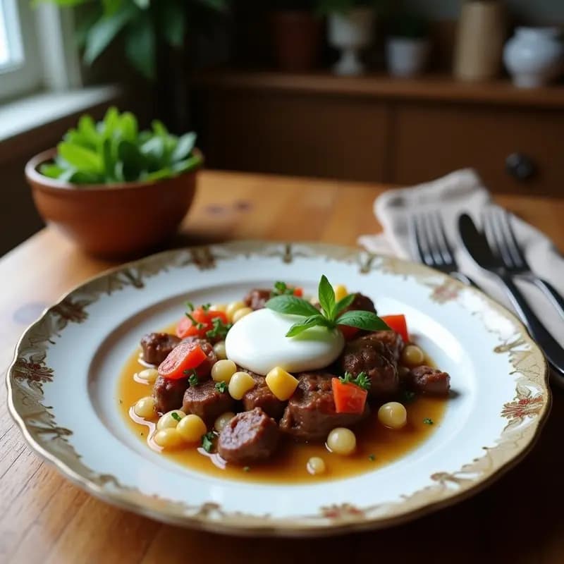 Plato blanco con croquetas alargadas doradas y crujientes de kibe libanés, servidas con salsa cremosa de yogur y hierbabuena fresca, espolvoreadas con piñones tostados.