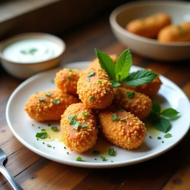 Kibeh libanés dorado y crujiente en airfryer, con forma de croqueta alargada, relleno de cordero especiado y bulghur, servido sobre un plato de cerámica blanca con hierbas frescas y salsa de yogur.