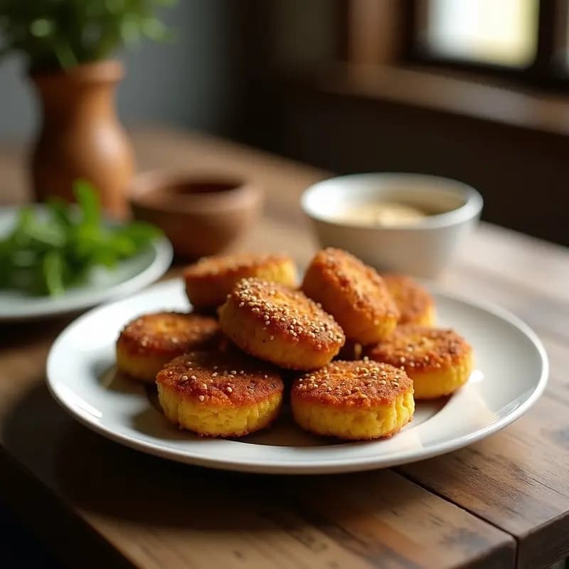 Bandeja de horno con croquetas de Kibeh armenio de lentejas rojas y nueces, doradas y crujientes, servidas sobre papel vegetal con hierbas frescas y especias al fondo.