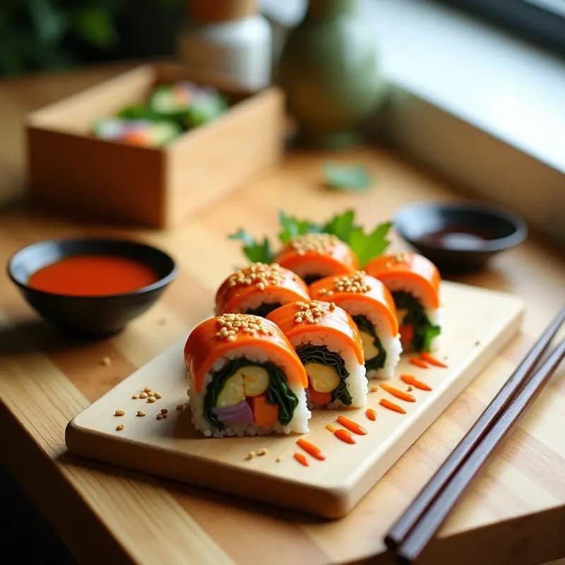 Rollos de kimbap coreano cortados en rodajas, mostrando capas de arroz blanco, espinacas verdes salteadas, zanahorias naranjas glaseadas y huevo amarillo marinado en gochujang, espolvoreados con semillas de sésamo negro. Plato servido en bandeja de madera con salsa de soja al lado.