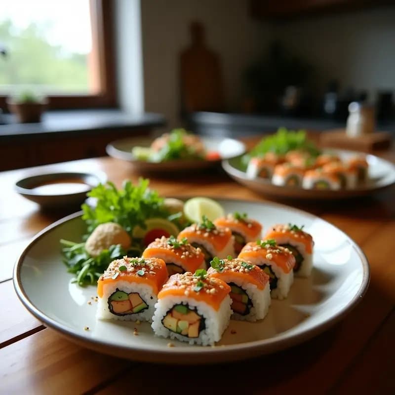 Rollos de kimbap vegano cortados en porciones, mostrando capas de arroz blanco, espinacas verdes, zanahoria naranja y pimiento rojo, acompañados de vinagreta de sésamo negro y semillas de sésamo tostadas sobre un plato de cerámica blanca con fondo de madera.