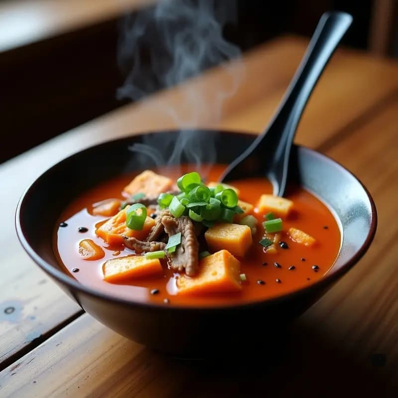 Cuenco hondo de cerámica negra con Kimchi Jjigae vegano: estofado espeso de kimchi fermentado, tofu sedoso en cubos, champiñones shiitake y cebollino fresco. Espolvoreado con semillas de sésamo negro y servido con arroz blanco al lado. Fondos borrosos de cocina tradicional coreana.