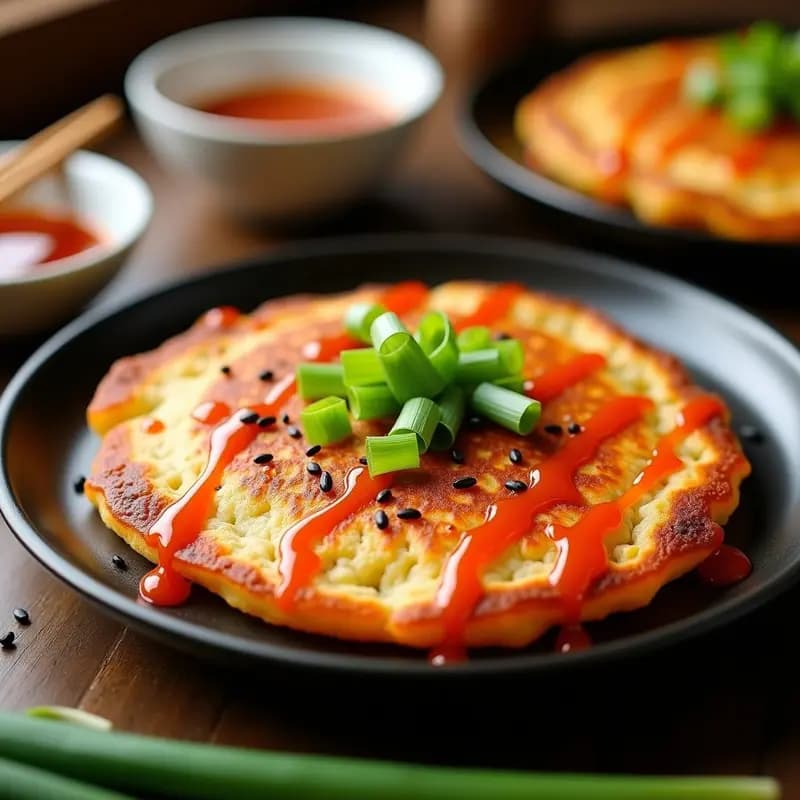 Kimchi pancake vegano dorado y crujiente con trocitos de patata y cebolla verde, servido en un plato negro con semillas de sésamo negro y salsa gochujang al lado. Receta coreana de B 입 Kimchi Pancake con Gamja y cebolla verde.