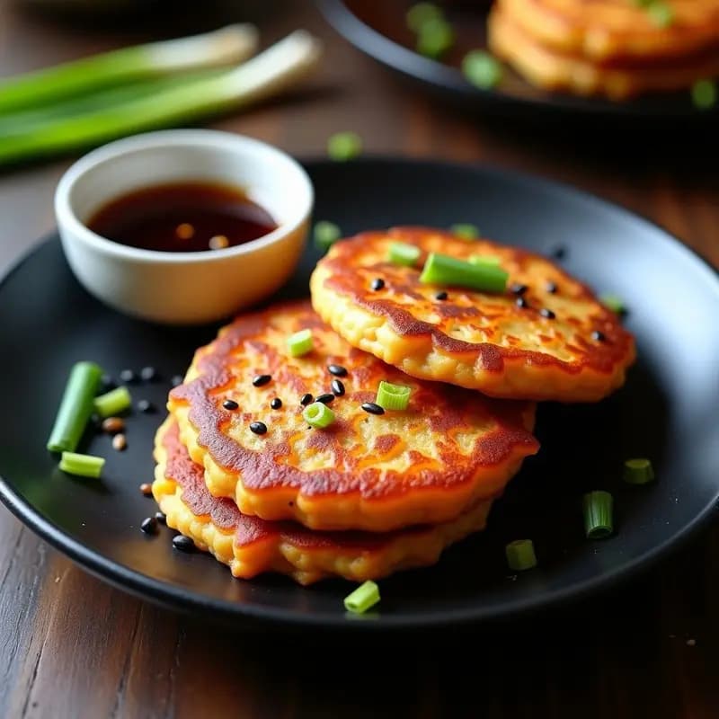 Plato de kimchi pancakes coreanos dorados y crujientes, apilados en un plato de cerámica negra, con semillas de sésamo negro espolvoreadas y salsa de soja y miel en un bol pequeño al lado. Fondos de cebollino fresco y aceite de sésamo brillante.