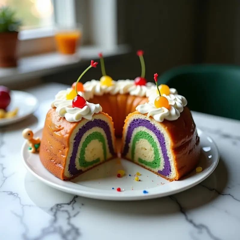 B-design King Cake con crema de queso y frutas confitadas sin azúcar, postre americano de Carnaval con decoración colorida en púrpura, verde y dorado sobre base esponjosa de almendra.