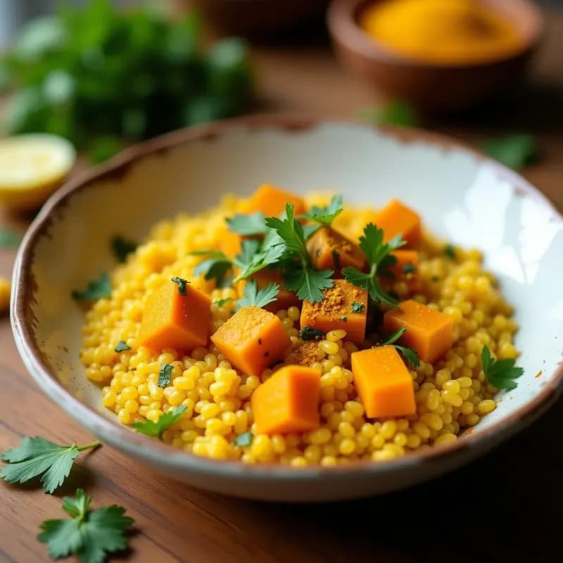 Plato hondo de cerámica blanca con kitchari de lentejas rojas y arroz basmati con cúrcuma, decorado con cilantro fresco y limón confitado. Textura cremosa y color dorado intenso, acompañado de cubos de calabaza asada. Receta ayurvédica vegana y desintoxicante.