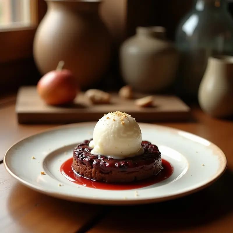 Pastel de kladdkaka sueco recién hecho con centro pegajoso y húmedo, servido en plato blanco con una bola de helado de vainilla encima, espolvoreado con cacao en polvo y almendras fileteadas, fondo borroso de cocina nórdica.