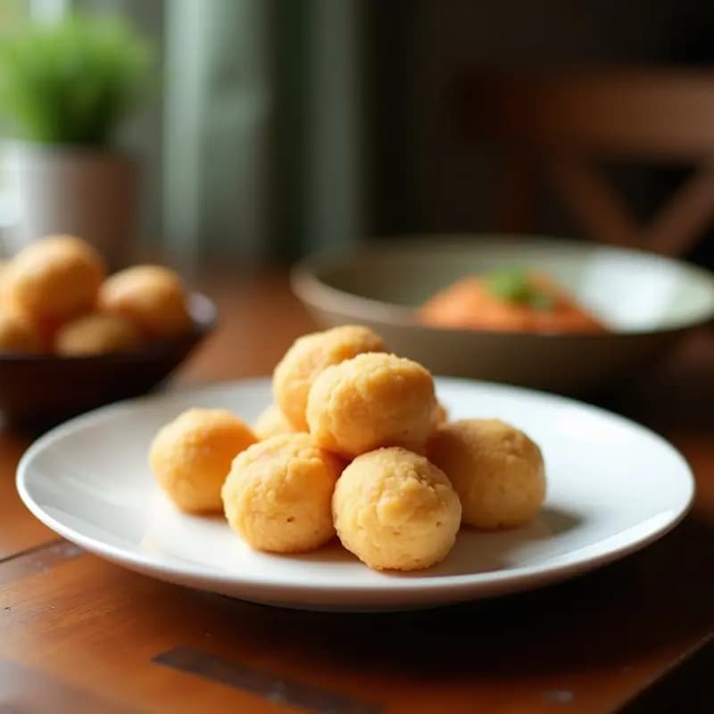 Bolas de klepon indonesio rebozadas en coco rallado blanco, con centro líquido de azúcar de palma, servidas en plato de bambú sobre fondo de hojas de banano.