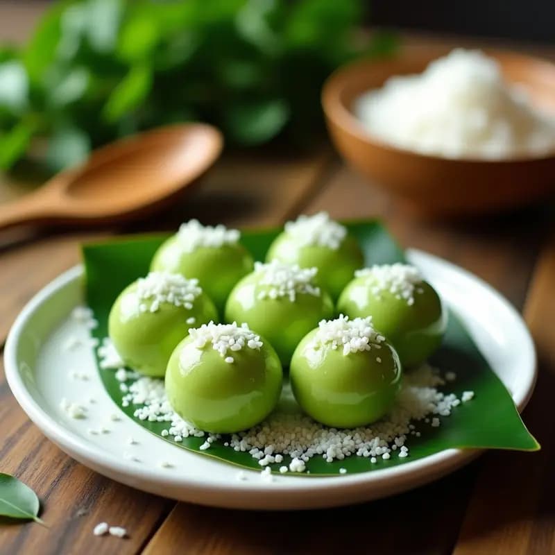 Plato blanco con klepon de pandan, bolitas verdes de harina de arroz glutinoso rellenas de azúcar de palma, cubiertas de coco rallado, sobre hoja de plátano, con fondo borroso de ingredientes tropicales.