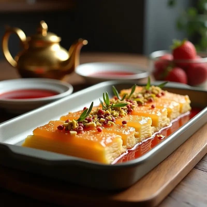 Knafeh Árabe dorado en molde rectangular, con capas de masa kataifi crujiente, queso derretido y almíbar de rosa brillante, decorado con pistachos picados y semillas de sésamo, servido en porciones. Postre tradicional árabe dulce y salado.