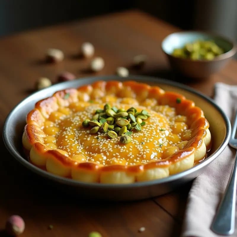 Knafeh de queso halloumi y pistacho en molde redondo dorado, con capas crujientes de hojaldre, pistachos enteros y sésamo, bañado en jarabe brillante de agua de rosas.