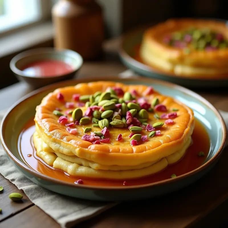 Knafeh de queso Halloumi y pistachos con sirope de agua de rosas, postre palestino dorado y crujiente en molde redondo, decorado con pistachos picados y pétalos de rosa.