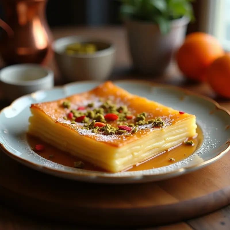 Knafeh libanés dorado en molde de cobre, con capas crujientes de filo, queso Akkawi derretido y almíbar de azahar brillante, decorado con pistachos picados y pétalos de rosa de azahar.