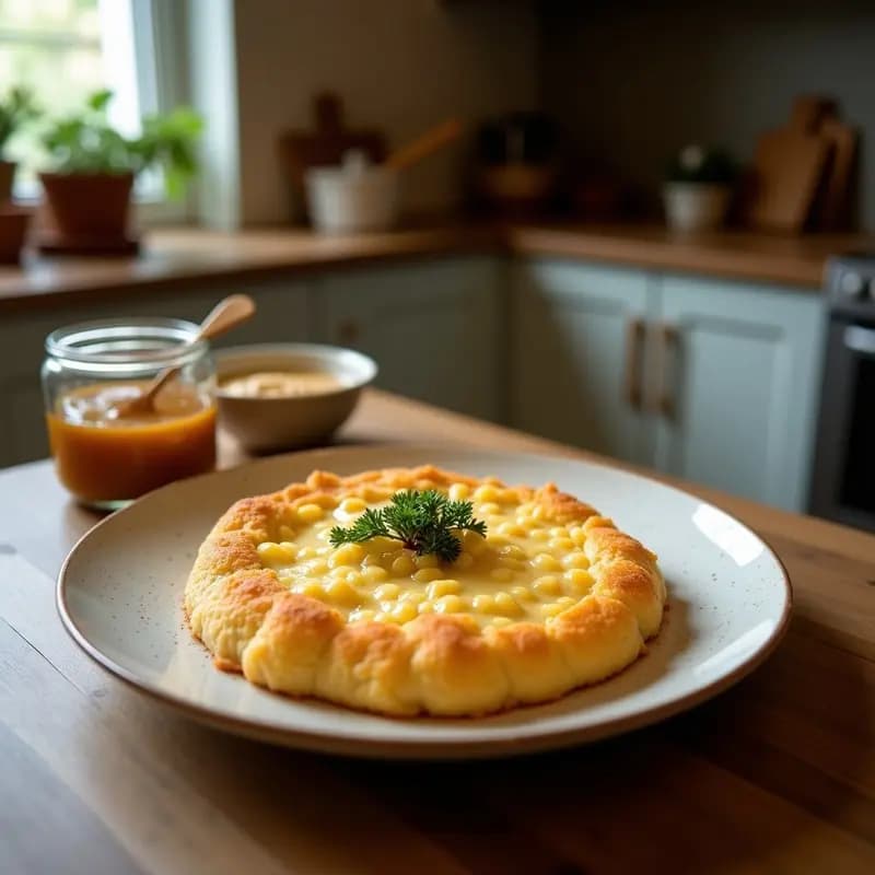Knafeh de queso Akkawi y jarabe de agua de azahar servido en plato de cerámica blanca, con capas doradas de fideos kataifi crujientes, queso fundido y Pistachos picados. Jarabe brillante con reflejos dorados y semillas de sésamo espolvoreadas.