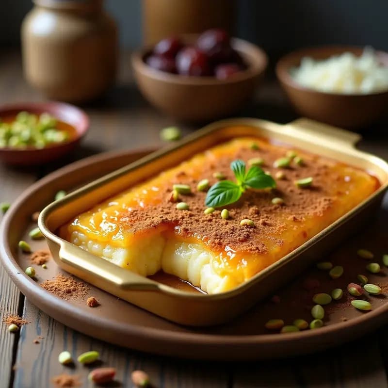 Knafeh de queso Akkawi y jarabe de dátiles en bandeja rectangular dorada, con capas de fideos crujientes, queso fundido y jarabe brillante de dátiles, decorado con pistachos picados y un toque de canela.