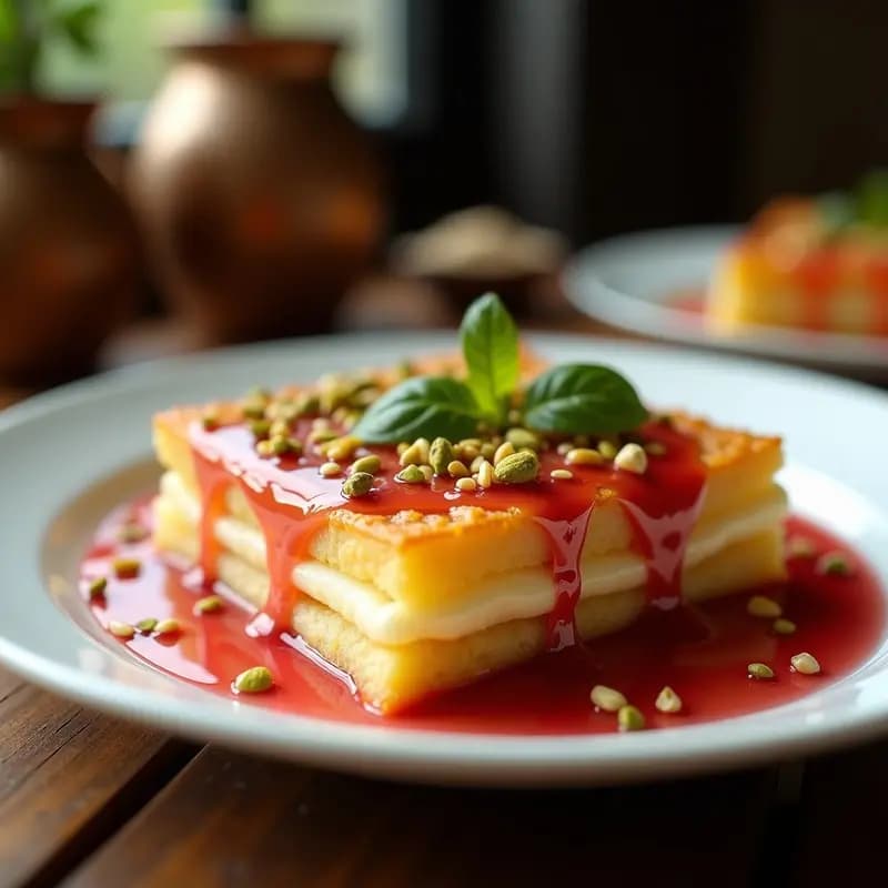 Knafeh de Queso Akkawi con Sirop de Rosa servido en plato blanco: capas doradas de fideos crujientes, queso Akkawi derretido y bañado en sirop brillante de color ámbar, decorado con pistachos picados y canela en polvo.