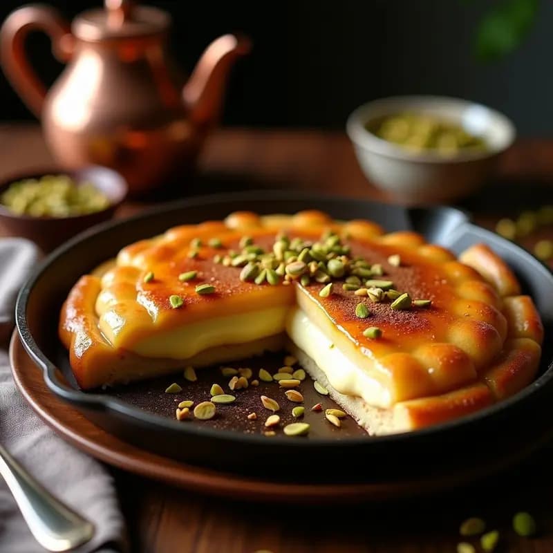 Knafeh de queso de cabra y pistachos sin azúcar con endulzante de dátiles, servido en fuente de cerámica blanca con bordes dorados y crujientes, bañado en jarabe oscuro y espolvoreado con pistachos picados, postre libanés tradicional.