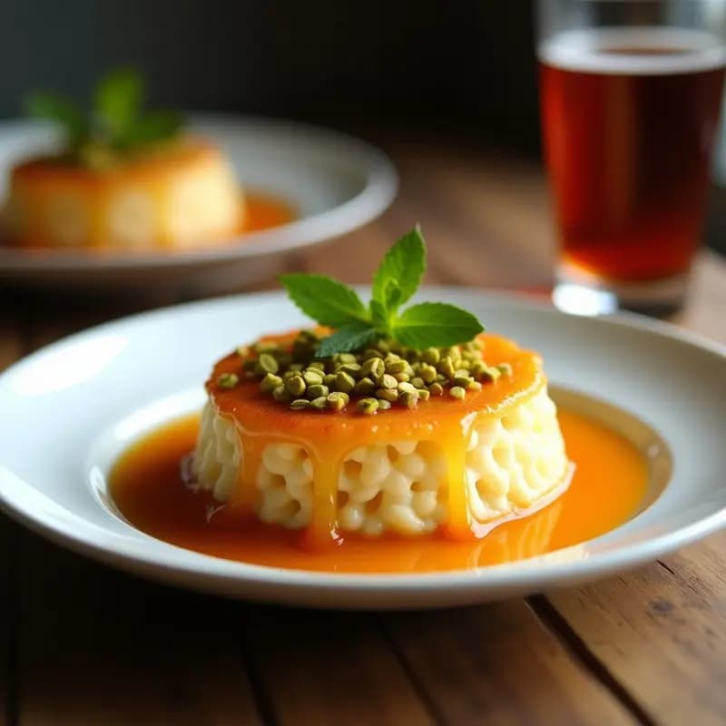 Knafeh de queso de oveja y jarabe de rosa recién horneado en plato de cerámica blanca, con capa dorada y crujiente de fideos kataifi, espolvoreado con pistachos picados y bañado en almíbar floral.