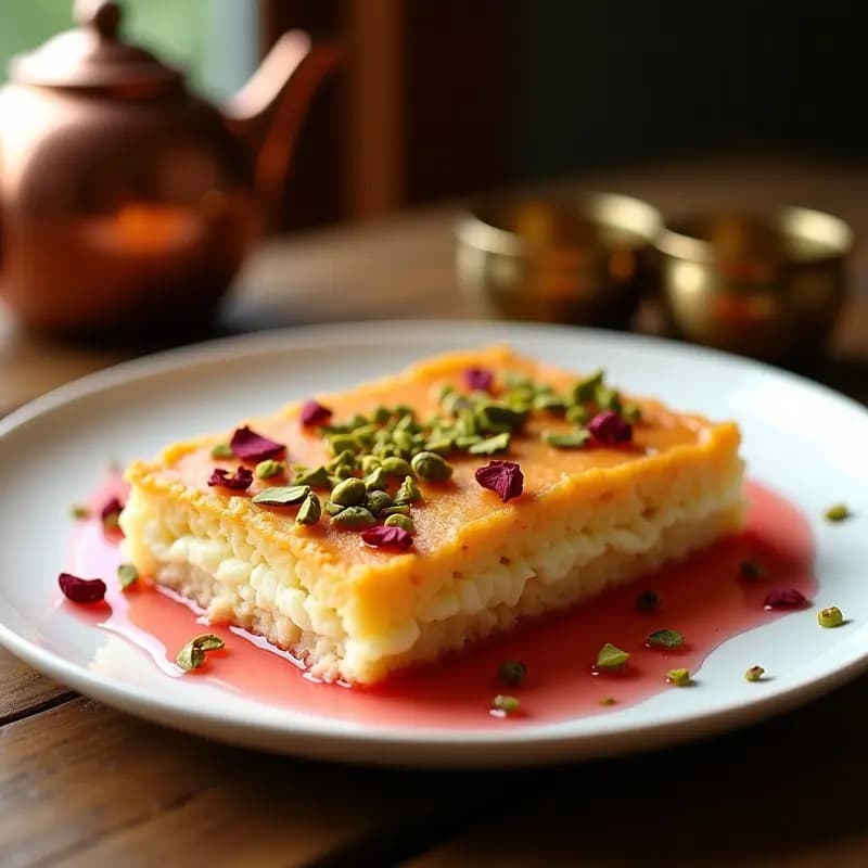Knafeh libanés dorado y crujiente en molde rectangular, con capas de masa kataifi, queso fundido y pistachos picados, bañado en almíbar de rosa brillante. Postre tradicional con hojas de rosa decorativas.