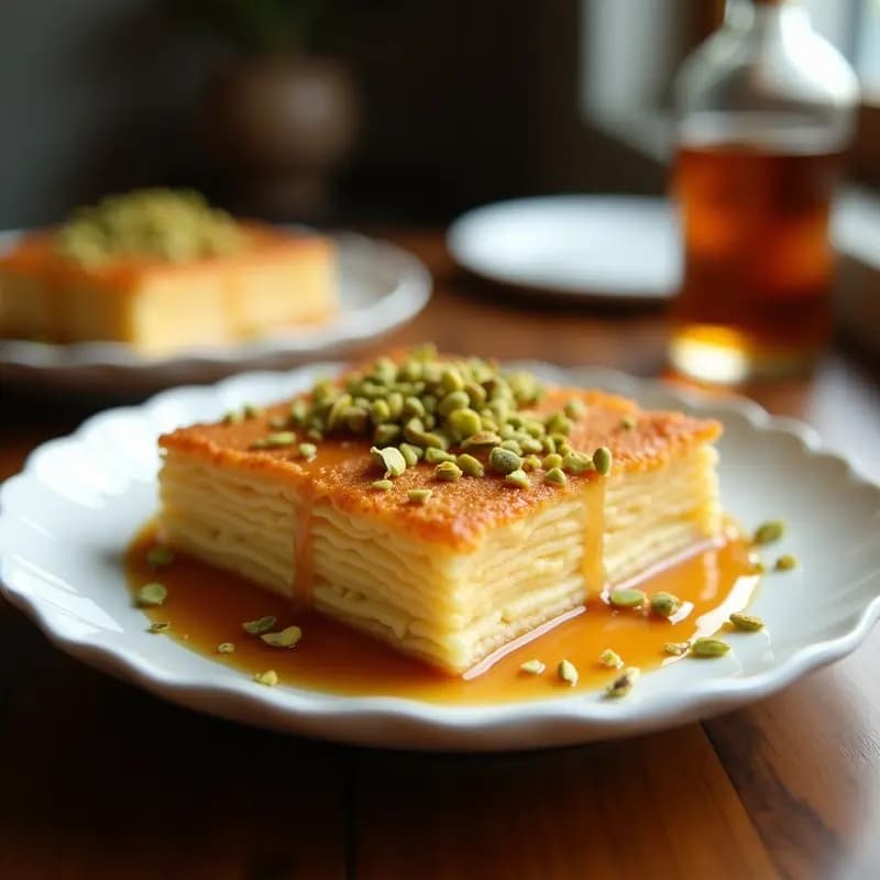 Knafeh de queso requesón y sirope de arce en molde rectangular, con base dorada de harina de almendra y coco, cubierto de sirope brillante y pistachos picados. Postre libanés sin gluten con toque canadiense.