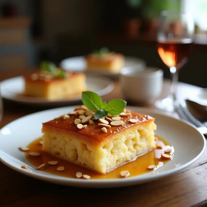 Knafeh de queso Ricotta y almendra con sirope de arce en plato de cerámica blanca, dorado y crujiente por fuera, con almendras fileteadas tostadas y sirope brillante, servido en porciones de diamante sobre fondo rústico de madera.