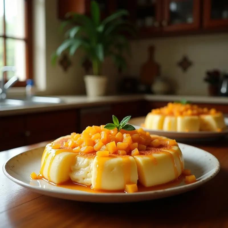 Knafeh de queso ricotta y naranjas en molde redondo dorado, cortado en porciones triangulares, bañado en almíbar brillante de naranja y miel, decorado con pistachos picados y corteza de naranja rallada sobre fondo rústico de madera.