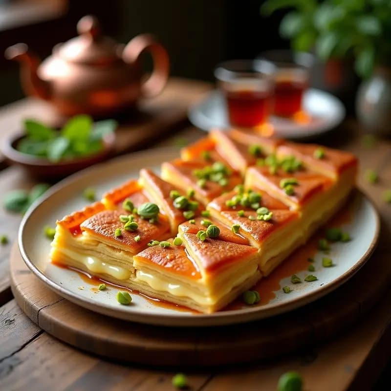 Knafeh de Queso y Sirope de Rosa: Postre Árabe Dorado y Dulce en Capas de Filo