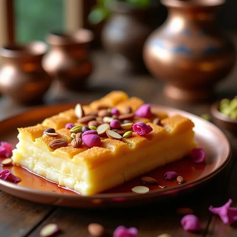 Knafeh dorada y crujiente en bandeja de cobre, con capas de requesón cremoso, almendras tostadas y sirope de rosa brillante, decorada con pétalos de rosa comestibles.