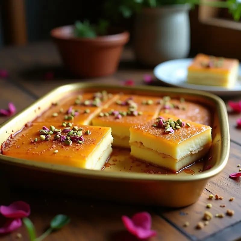 Knafeh de Requesón y Pistacho sin gluten en fuente rectangular dorada, con capa superior crujiente de fideos de arroz, almíbar brillante de rosa y pistachos picados esparcidos, servido en porciones cuadradas.