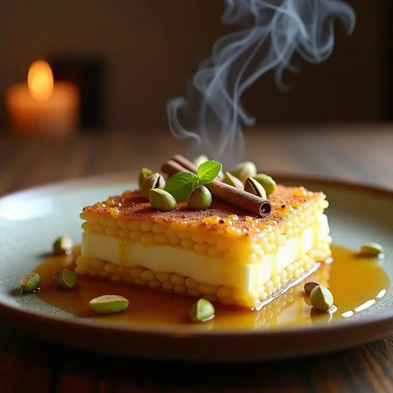 Knafeh de queso ricotta y pistacho sin mantequilla en sartén, postre palestino dorado con almíbar brillante, decorado con pistachos enteros y especias, servido en plato de barro.