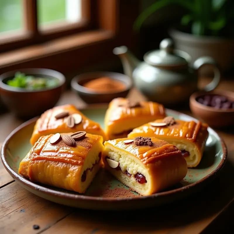 Pastel marroquí knesli de pollo y ciruela salado-dulce con toque especiado, dorado y crujiente, cortado en porciones sobre un plato de cerámica tradicional con almendras fileteadas.