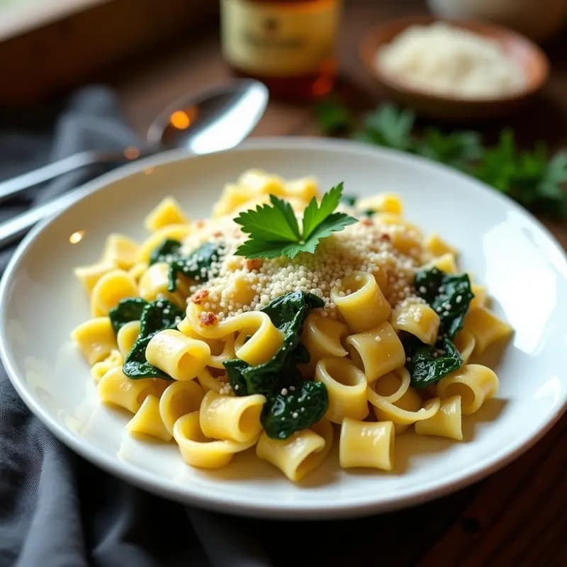 Plato blanco con Knochlspätzle vegano de espinacas y queso Gruyère derretido, decorado con semillas de sésamo tostadas y perejil fresco, servido con una cuchara de madera sobre fondo rústico.
