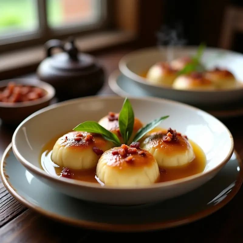 Plato hondo de loza blanca con cuatro Knödel Austríacos de Pan con Bacon y Rue, dorados y esponjosos, bañados en caldo dorado. Acompañados de trocitos de bacon crujiente y hojas de rue fresca como decoración.