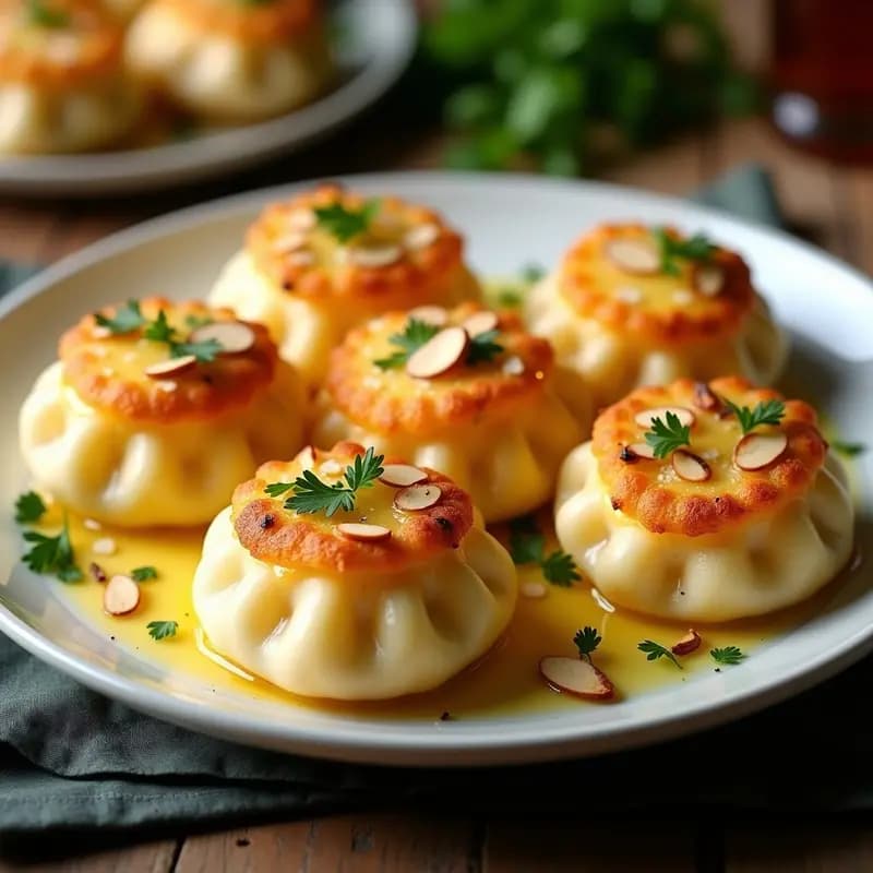 Plato hondo de cerámica blanca con Knödel austriacos de pan y queso gratinados, dorados por fuera y esponjosos por dentro, con virutas de queso fundido y perejil fresco espolvoreado. Fondo rústico de madera con servilleta de lino.