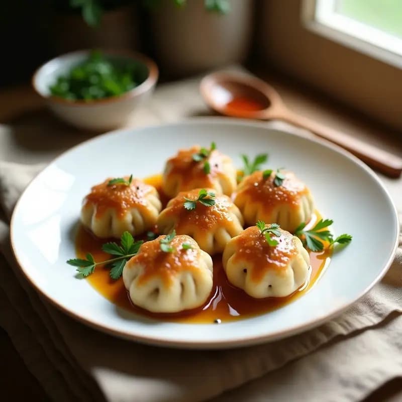 Plato blanco con Knödel Austriacos de Pan y Semillas de Amapola dorados, bañados en miel de castaño y decorados con perejil fresco, sobre un mantel de lino rústico.