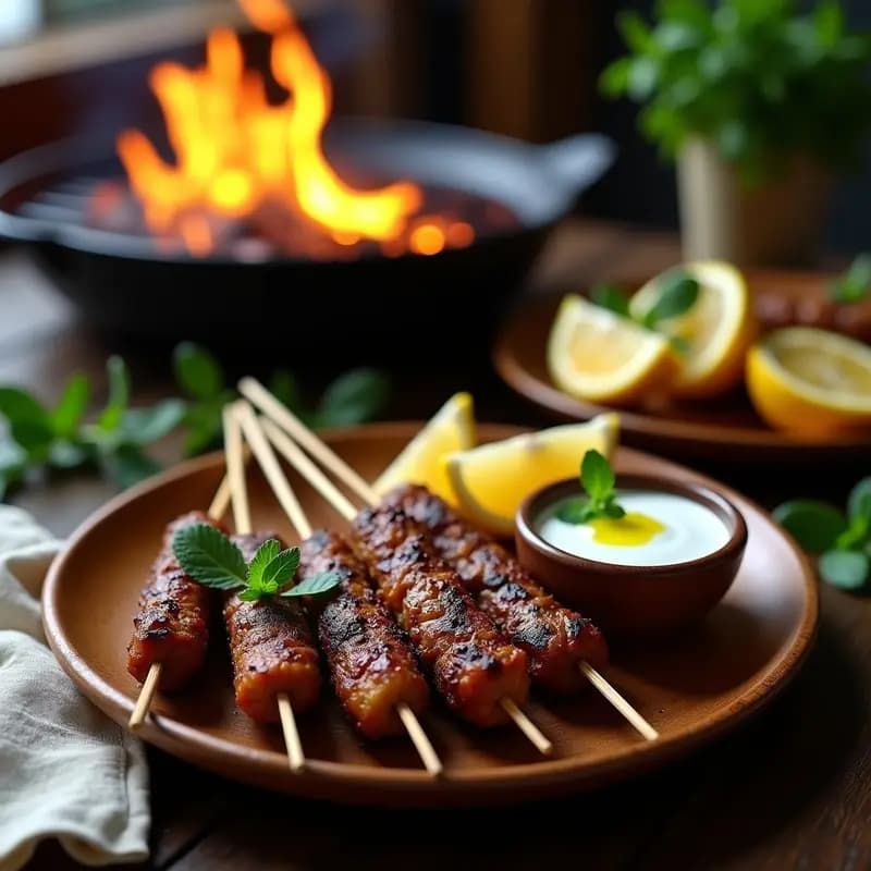 Brochetas de kofta de cordero a la parrilla doradas, servidas en plato de madera rústico con salsa de yogur y menta cremosa, decoradas con gajos de limón y hojas de menta fresca, receta libanesa para BBQ.