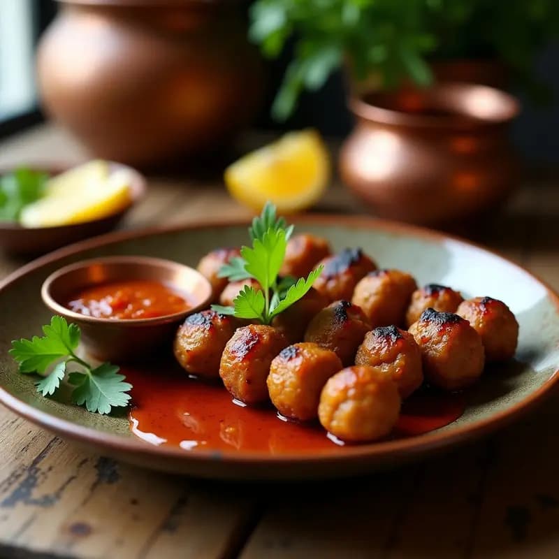 Brochetas de kofta de cordero doradas a la parrilla, servidas en plato de barro con salsa de tamarindo brillante y yogur griego espeso, decoradas con hojas de cilantro fresco. Receta india picante y jugosa para BBQ.
