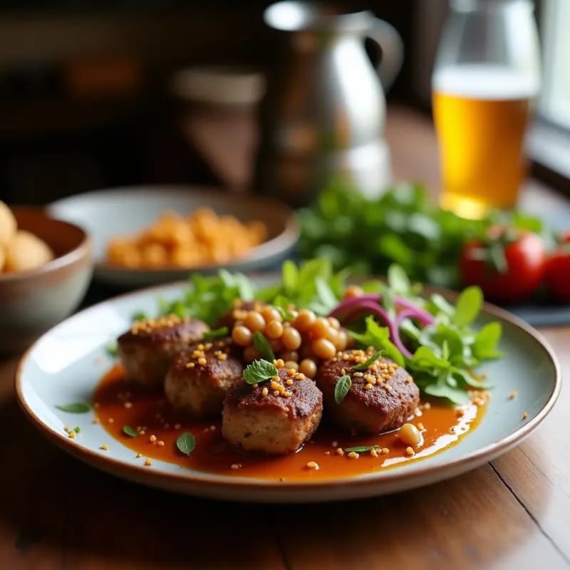 Brochetas de kofta de cordero libanesa asadas a la perfección, doradas y jugosas, servidas en un plato de madera con salsa cremosa de tahini y granadas, decoradas con hojas de menta fresca y granos de granada rojos vibrantes.