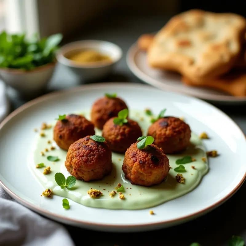 Plato de kofta de cordero persia doradas en airfryer, servidas sobre una base de salsa de yogur y menthe, decoradas con pistachos picados y acompañadas de pan de pita tostado.