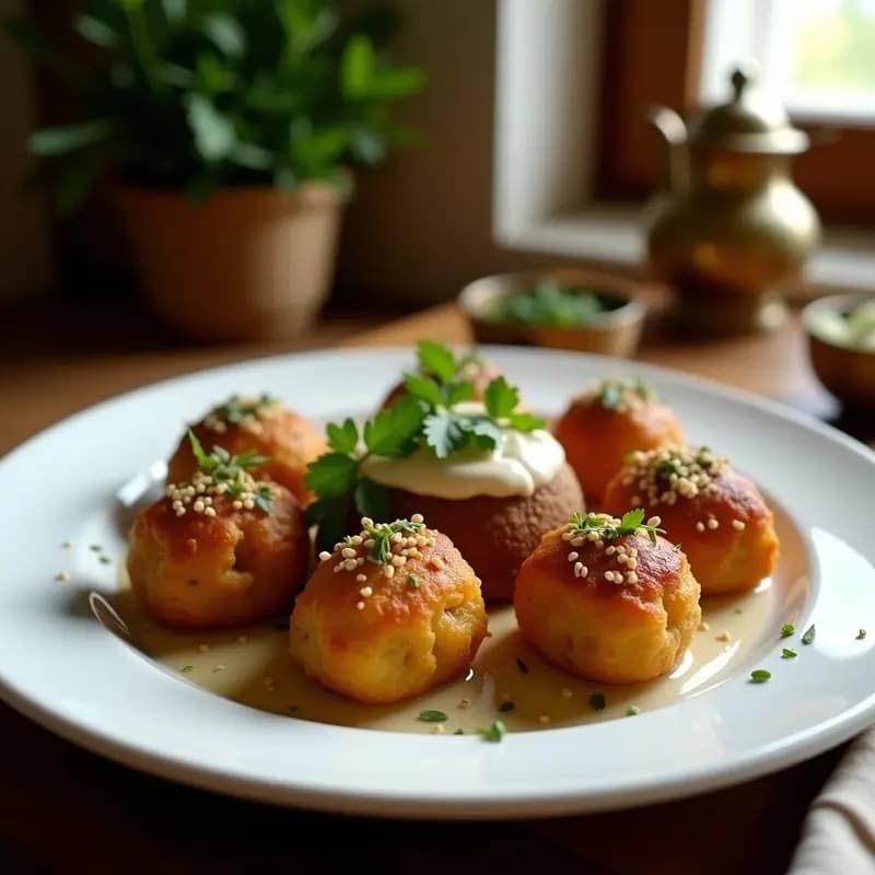 Plato de kofta de garbanzos al horno doradas y crujientes, servidas sobre un lecho de ensalada fresca con salsa de tahini cremosa y semillas de sésamo espolvoreadas, receta vegana marroquí.