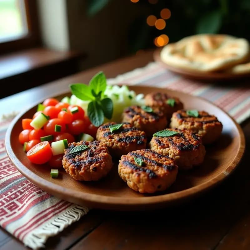 Brochetas de Kofta Kebabs de cordero doradas y jugosas en una parrilla, acompañadas de ensalada fresca de tomate pera, pepino persa y cebolla blanca con vinagreta de sumac y menta, receta árabe a la parrilla.